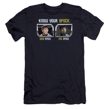 Navy men's premium slim fit t-shirt with Star Trek Know Your Spock graphic