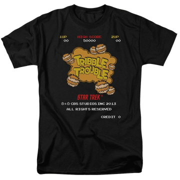 Black men's regular fit t-shirt with Star Trek Tribble Trouble graphic