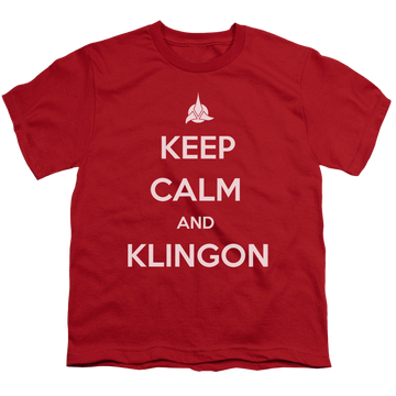Red youth t-shirt for ages 8 to 12 with Star Trek The Next Generation Calm Klingon graphic
