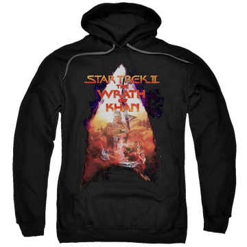 Black pullover hoodie with Star Trek Twok Poster graphic