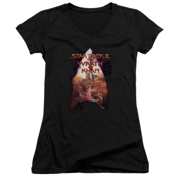 Black juniors v-neck t-shirt with Star Trek Twok Poster graphic