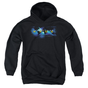 Black youth hoodie for ages 8 to 12 with The Amazing Race Faded Globe graphic