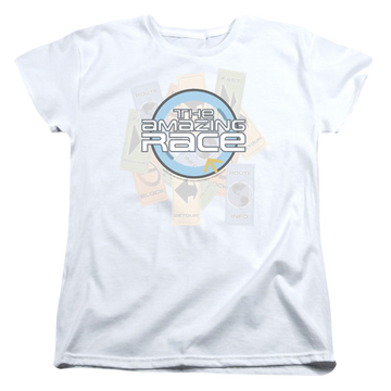 White women's t-shirt with The Amazing Race The Race graphic