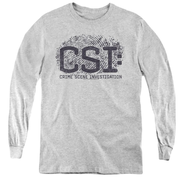 Athletic heather youth long sleeve t-shirt with CSI Distressed Logo graphic