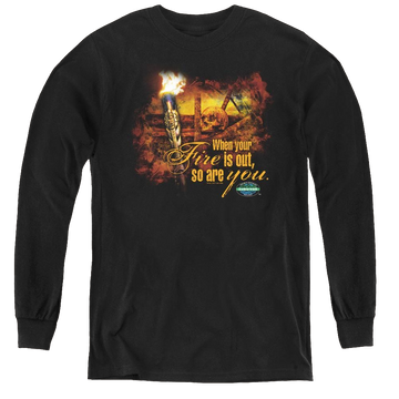 Black youth long sleeve t-shirt with Survivor Fires Out graphic