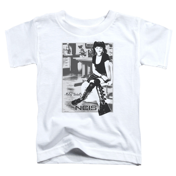 White kid's t-shirt for ages 4 to 7 with NCIS Relax graphic