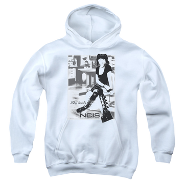White youth hoodie for ages 8 to 12 with NCIS Relax graphic
