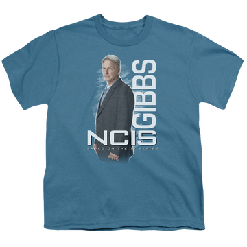 Slate youth t-shirt for ages 8 to 12 with NCIS Gibbs Standing graphic