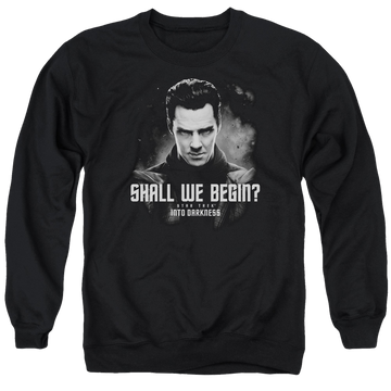 Black men's crewneck sweatshirt with Star Trek Shall We Begin graphic