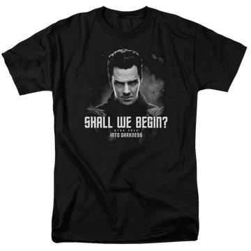 Black men's regular fit t-shirt with Star Trek Shall We Begin graphic