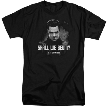 Black men's tall fit t-shirt with Star Trek Shall We Begin graphic