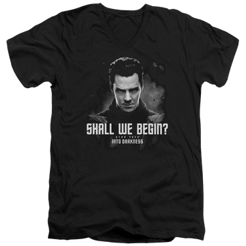 Black men's v-neck t-shirt with Star Trek Shall We Begin graphic