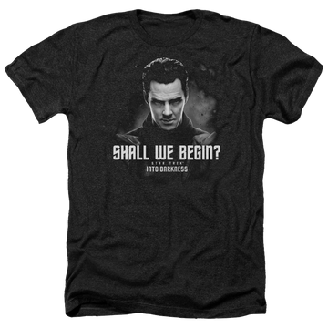 Charcoal men's heather t-shirt with Star Trek Shall We Begin graphic