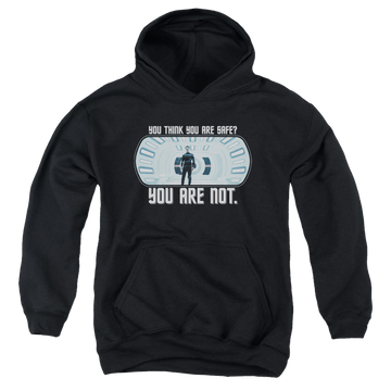 Black youth hoodie for ages 8 to 12 with Star Trek Movies Not Safe graphic