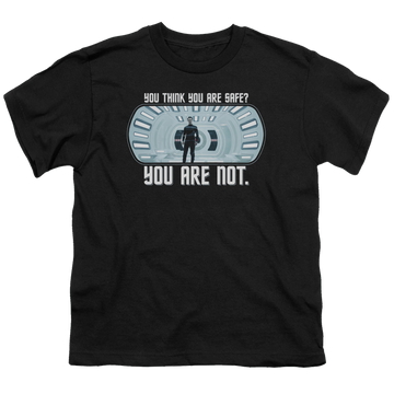 Black youth t-shirt for ages 8 to 12 with Star Trek Movies Not Safe graphic