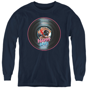 Navy youth long sleeve t-shirt with Happy Days On The Record graphic