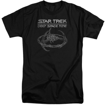Black men's tall fit t-shirt with Star Trek Deep Space Nine Ds9 Station graphic