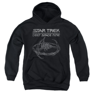 Black youth hoodie for ages 8 to 12 with Star Trek Deep Space Nine Ds9 Station graphic