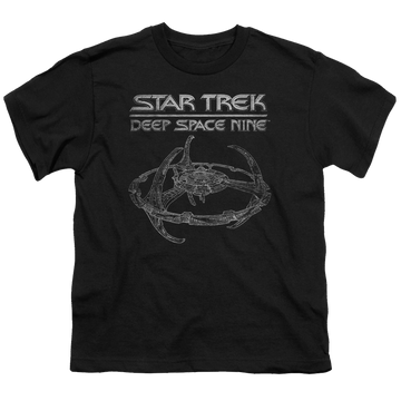 Black youth t-shirt for ages 8 to 12 with Star Trek Deep Space Nine Ds9 Station graphic