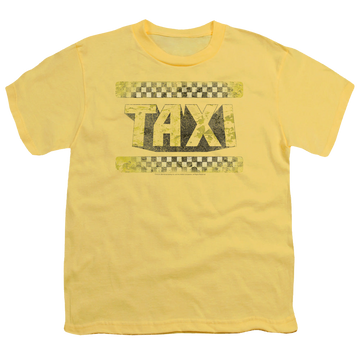 Yellow youth t-shirt for ages 8 to 12 with Run Down Taxi graphic