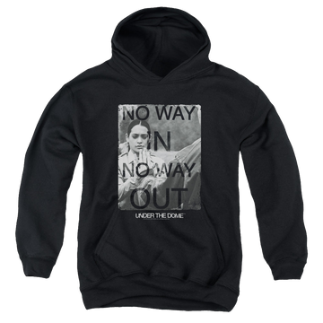 Black youth hoodie for ages 8 to 12 with Under the Dome Trapped graphic