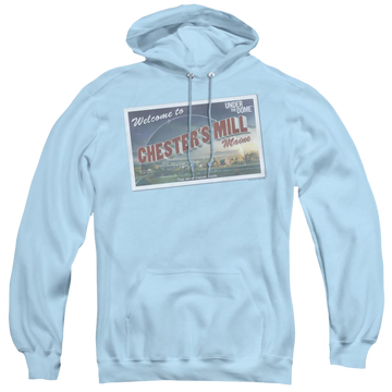 Light blue pullover hoodie with Under the Dome Postcard graphic