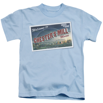 Light blue kid's t-shirt for ages 4 to 7 with Under the Dome Postcard graphic
