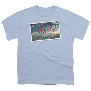Light blue youth t-shirt for ages 8 to 12 with Under the Dome Postcard graphic
