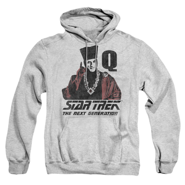 Athletic heather pullover hoodie with Star Trek The Next Generation Q Point graphic