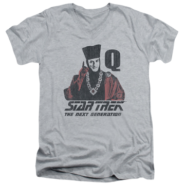Athletic heather men's v-neck t-shirt with Star Trek Q Point graphic