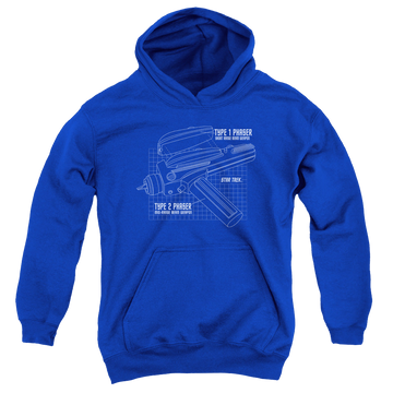 Royal youth hoodie for ages 8 to 12 with Star Trek The Original Series Phaser Plans graphic