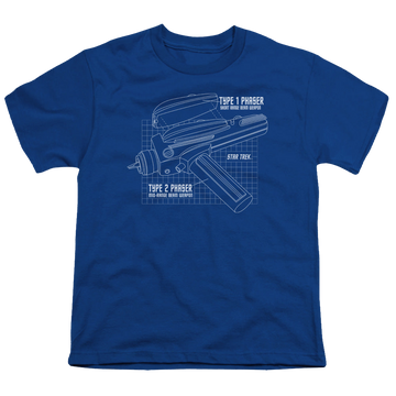 Royal youth t-shirt for ages 8 to 12 with Star Trek The Original Series Phaser Plans graphic