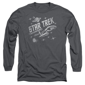 Charcoal men's long sleeve t-shirt with Star Trek Through Space graphic