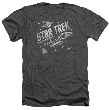 Charcoal men's heather t-shirt with Star Trek Through Space graphic