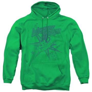 Kelly green pullover hoodie with Mighty Mouse graphic