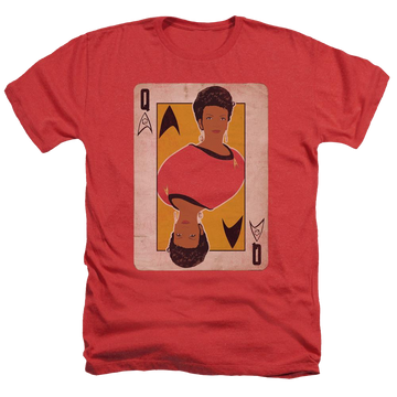 Red men's heather t-shirt with Star Trek Tos Queen graphic