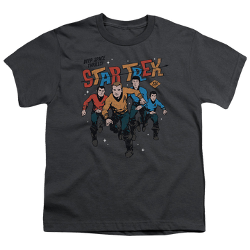 Charcoal youth t-shirt for ages 8 to 12 with Star Trek The Original Series Deep Space Thrills graphic