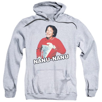 Athletic heather pullover hoodie with Mork & Mindy Catchphrase graphic