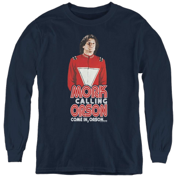 Navy youth long sleeve t-shirt with Mork & Mindy Come In Orson graphic