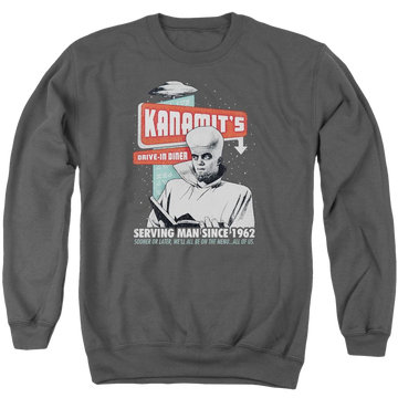 Charcoal men's crewneck sweatshirt with The Twilight Zone Kanamits Diner graphic