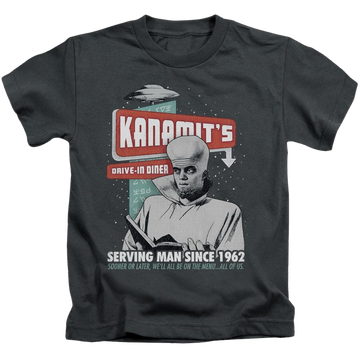 Charcoal kid's t-shirt for ages 4 to 7 with The Twilight Zone Kanamits Diner graphic