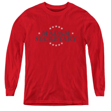 Red youth long sleeve t-shirt with Madam Secretary Distress Logo graphic