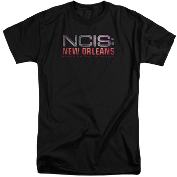 Black men's tall fit t-shirt with NCIS New Orleans Neon Sign graphic