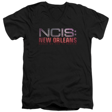 Black men's v-neck t-shirt with NCIS New Orleans Neon Sign graphic