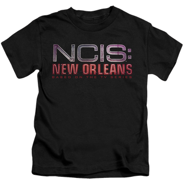 Black kid's t-shirt for ages 4 to 7 with NCIS New Orleans Neon Sign graphic