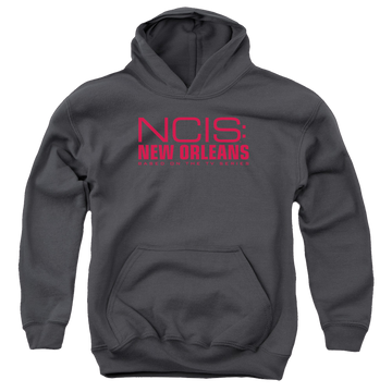 Charcoal youth hoodie for ages 8 to 12 with NCIS New Orleans Logo graphic