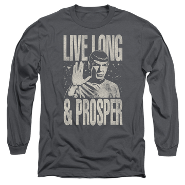 Charcoal men's long sleeve t-shirt with Star Trek Prosper graphic