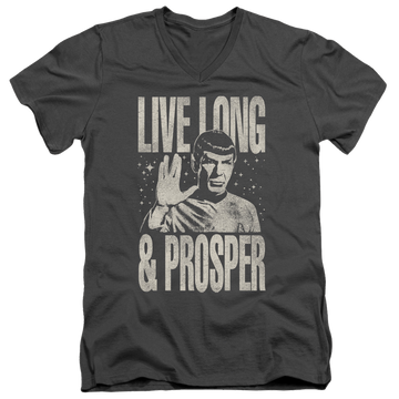 Charcoal men's v-neck t-shirt with Star Trek Prosper graphic
