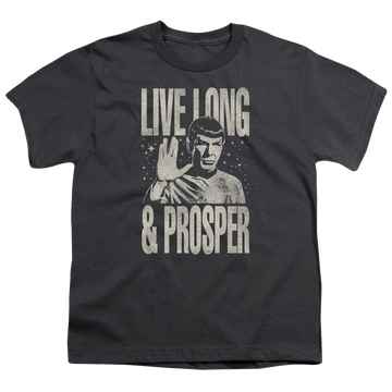 Charcoal youth t-shirt for ages 8 to 12 with Star Trek The Original Series Prosper graphic