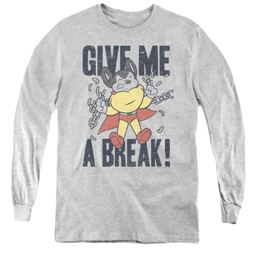 Athletic heather youth long sleeve t-shirt with Mighty Mouse Give Me A Break graphic